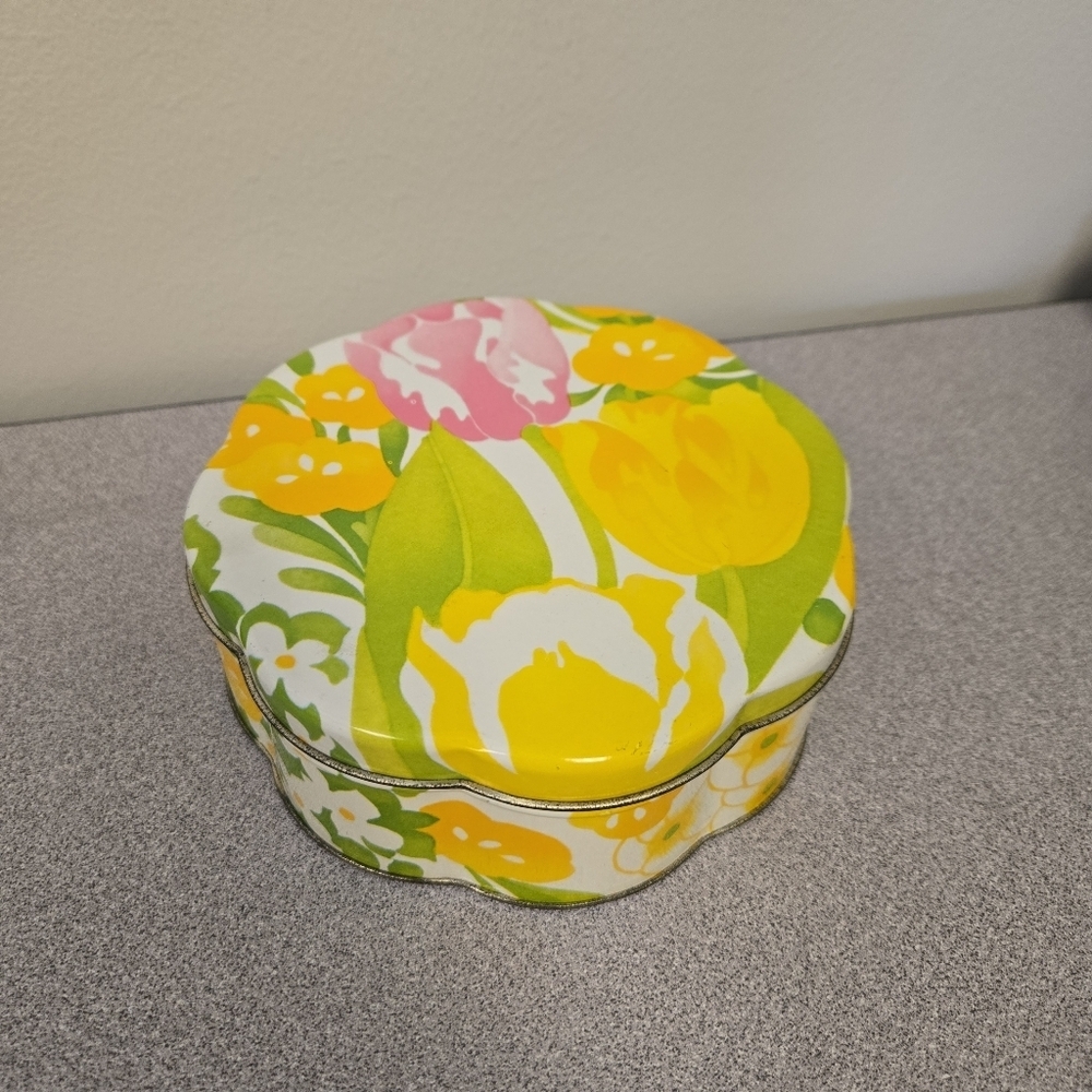 Avon 70s "Burst of Spring" Floral Yellow Pink Tulip Tin Box
